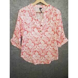 Women's Cathy Size Large Orange & White Boho V-Neck Tunic Blouse